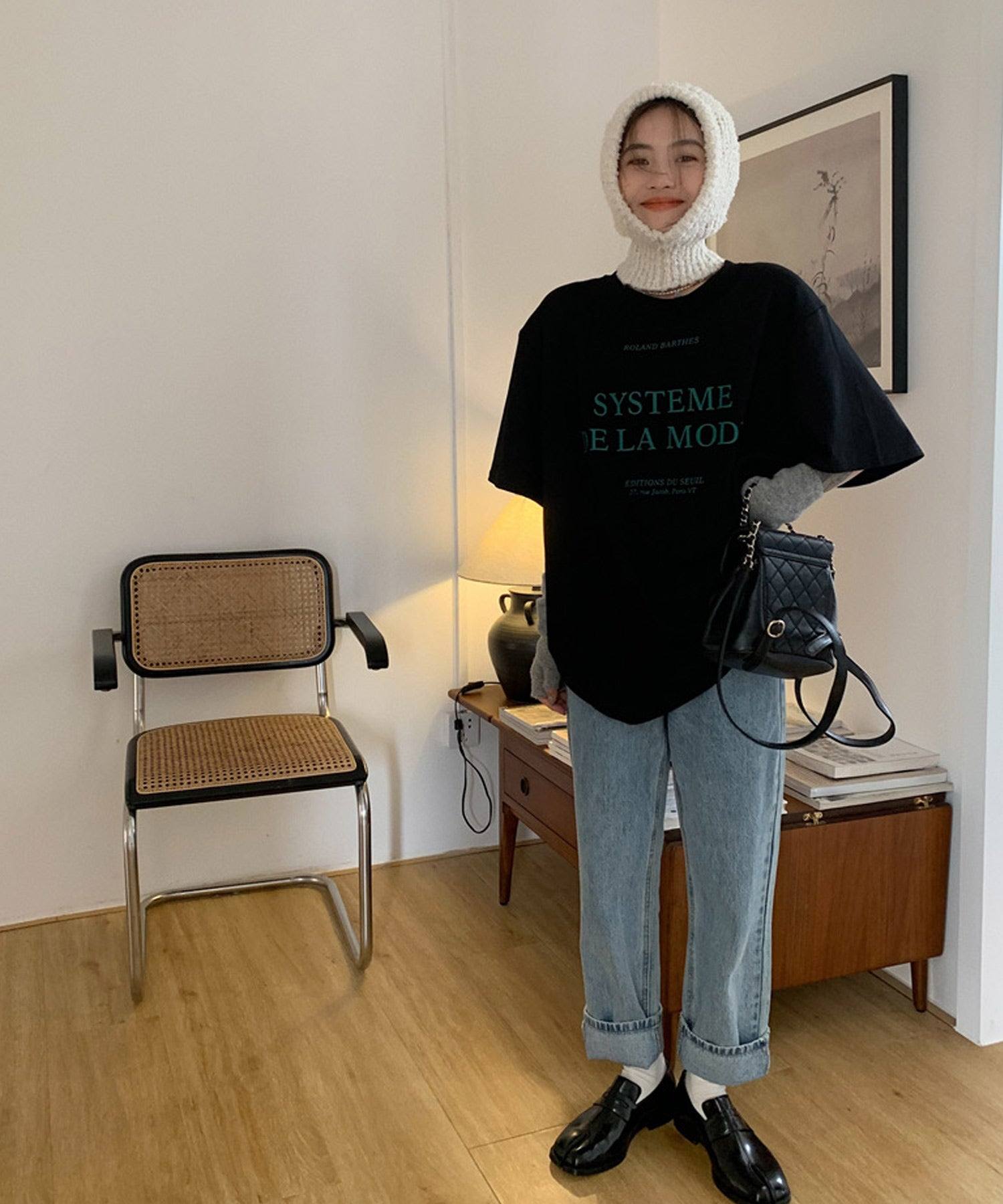 ショップニコニコ ShopNikoNiko 英字ロゴ オーバーサイズ Tシャツ ma 【即納】韓国ガーリー 春 夏 秋 トップス 半袖 ビックシルエット クルーネック ロゴプリント ロゴT ロゴTシャツ モノトーン (ブラック) ブラック