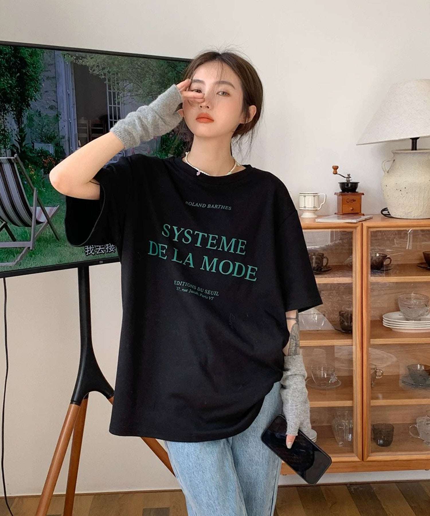 ショップニコニコ ShopNikoNiko 英字ロゴ オーバーサイズ Tシャツ ma 【即納】韓国ガーリー 春 夏 秋 トップス 半袖 ビックシルエット クルーネック ロゴプリント ロゴT ロゴTシャツ モノトーン (ブラック) ブラック