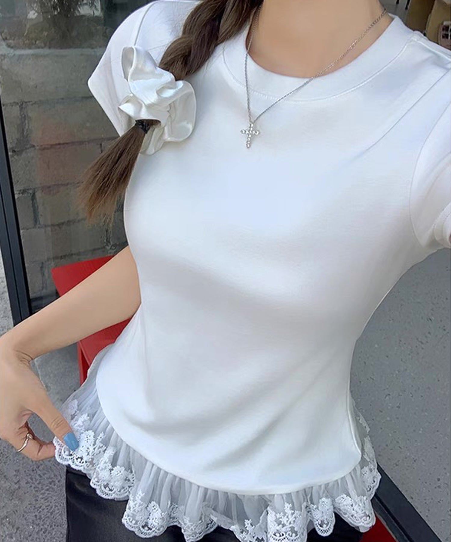 ショップニコニコ ShopNikoNiko ヘムレース レイヤード風 スリムTシャツ ma 【即納】韓国ガーリー フレンチガーリー バレエコア 春 夏 秋 半袖 クルーネック レースヘム フリル ホワイト 白 (ホワイト) ホワイト