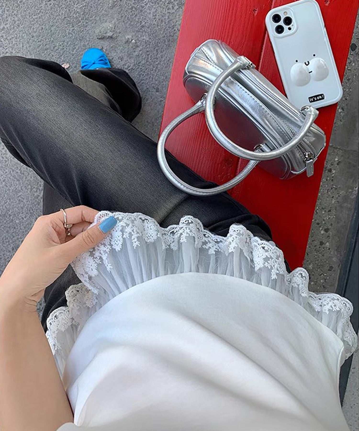 ショップニコニコ ShopNikoNiko ヘムレース レイヤード風 スリムTシャツ ma 【即納】韓国ガーリー フレンチガーリー バレエコア 春 夏 秋 半袖 クルーネック レースヘム フリル ホワイト 白 (ホワイト) ホワイト