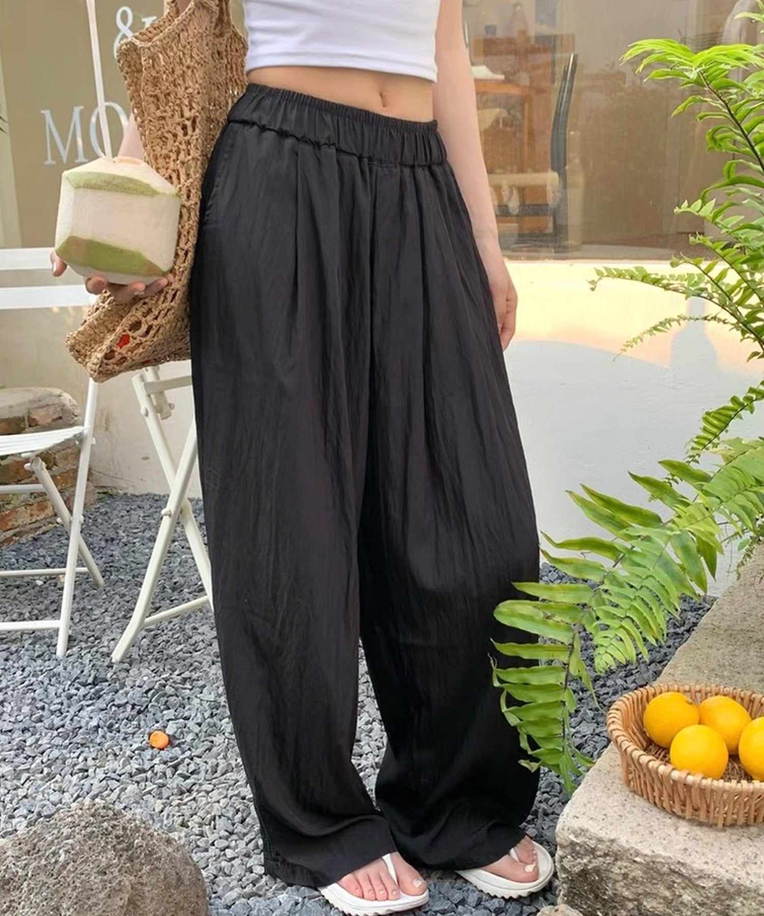 ショップニコニコ ShopNikoNiko シワ加工 リラックス ワイドパンツ【即納】韓国カジュアル 海外ガール 春 夏 秋 冬 空港コーデ ボトムス ロング丈 ハイウエスト ウエストゴム 高身長 美脚 脚長効果 (ブラック) ブラック
