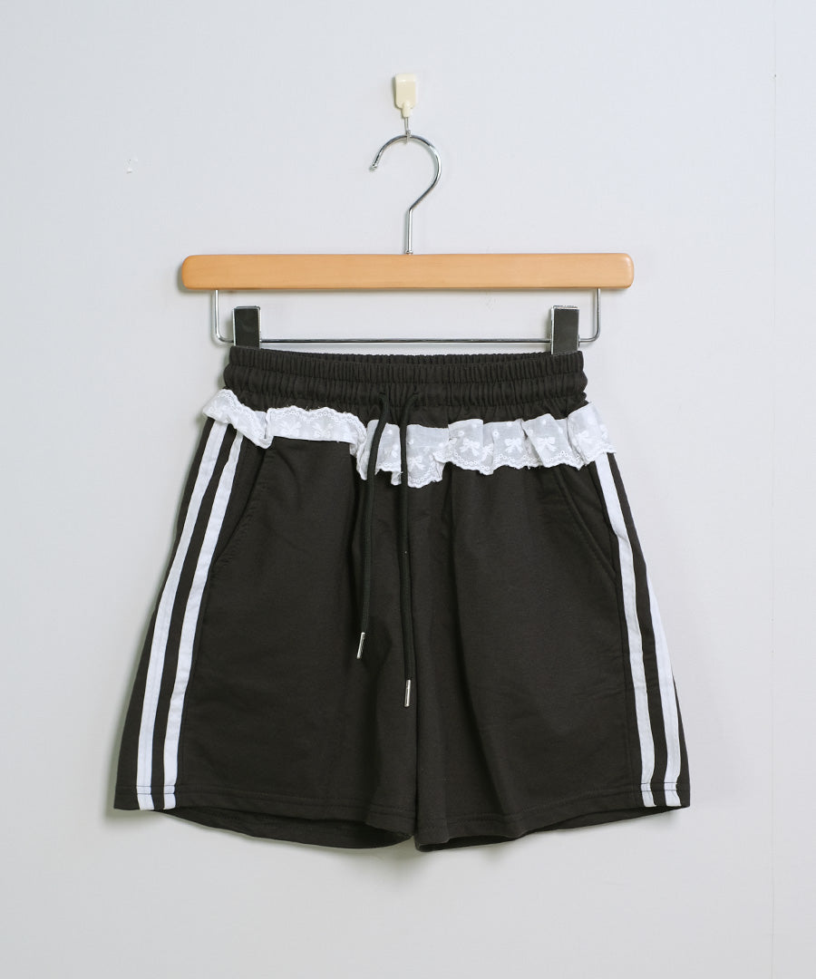 ショップニコニコ ShopNikoNiko レース付き サイドライン スウェットショートパンツ ma 【即納】ブロークコア バレエコア ボトムス パンツ 短パン トラックパンツ ウエストゴム ウエストレース 脚長効果 (ブラック) ブラック