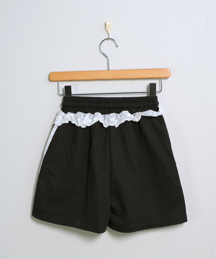 ショップニコニコ ShopNikoNiko レース付き サイドライン スウェットショートパンツ ma 【即納】ブロークコア バレエコア ボトムス パンツ 短パン トラックパンツ ウエストゴム ウエストレース 脚長効果 (ブラック) ブラック