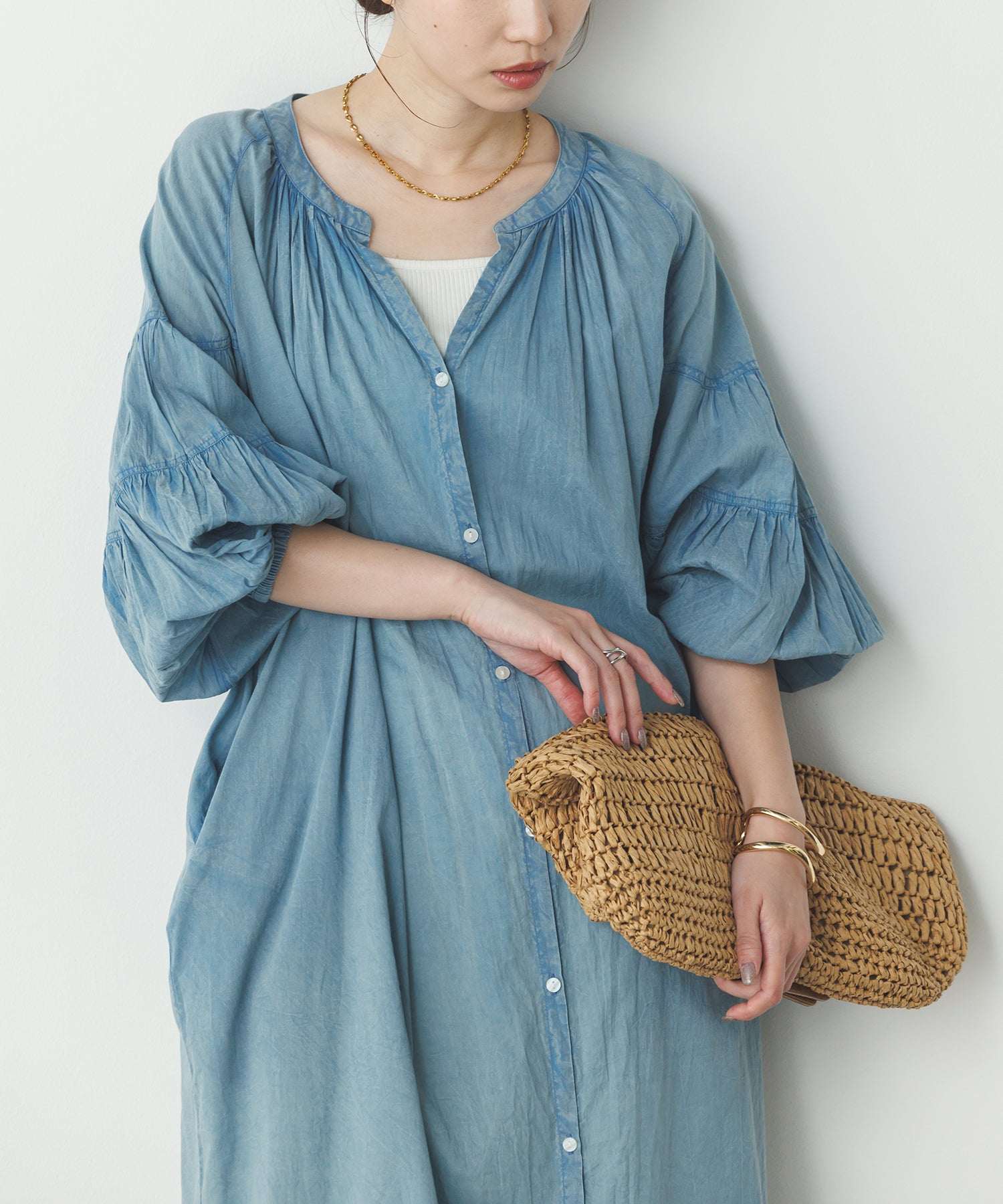 ノイア Noia コットンボイル 七分袖 ボリュームスリーブ シャツワンピース (グレイッシュブルー) グレイッシュブルー