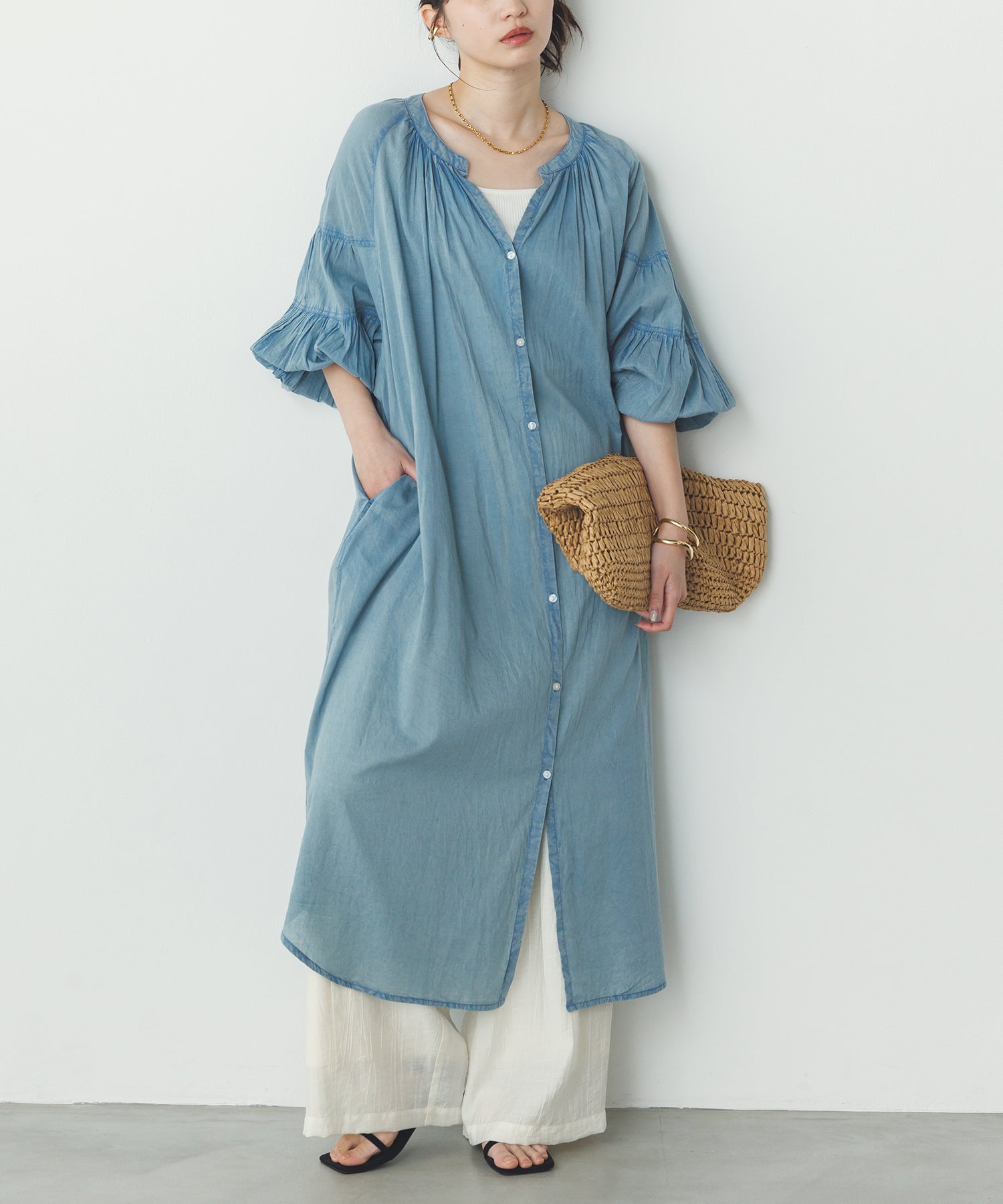ノイア Noia コットンボイル 七分袖 ボリュームスリーブ シャツワンピース (グレイッシュブルー) グレイッシュブルー