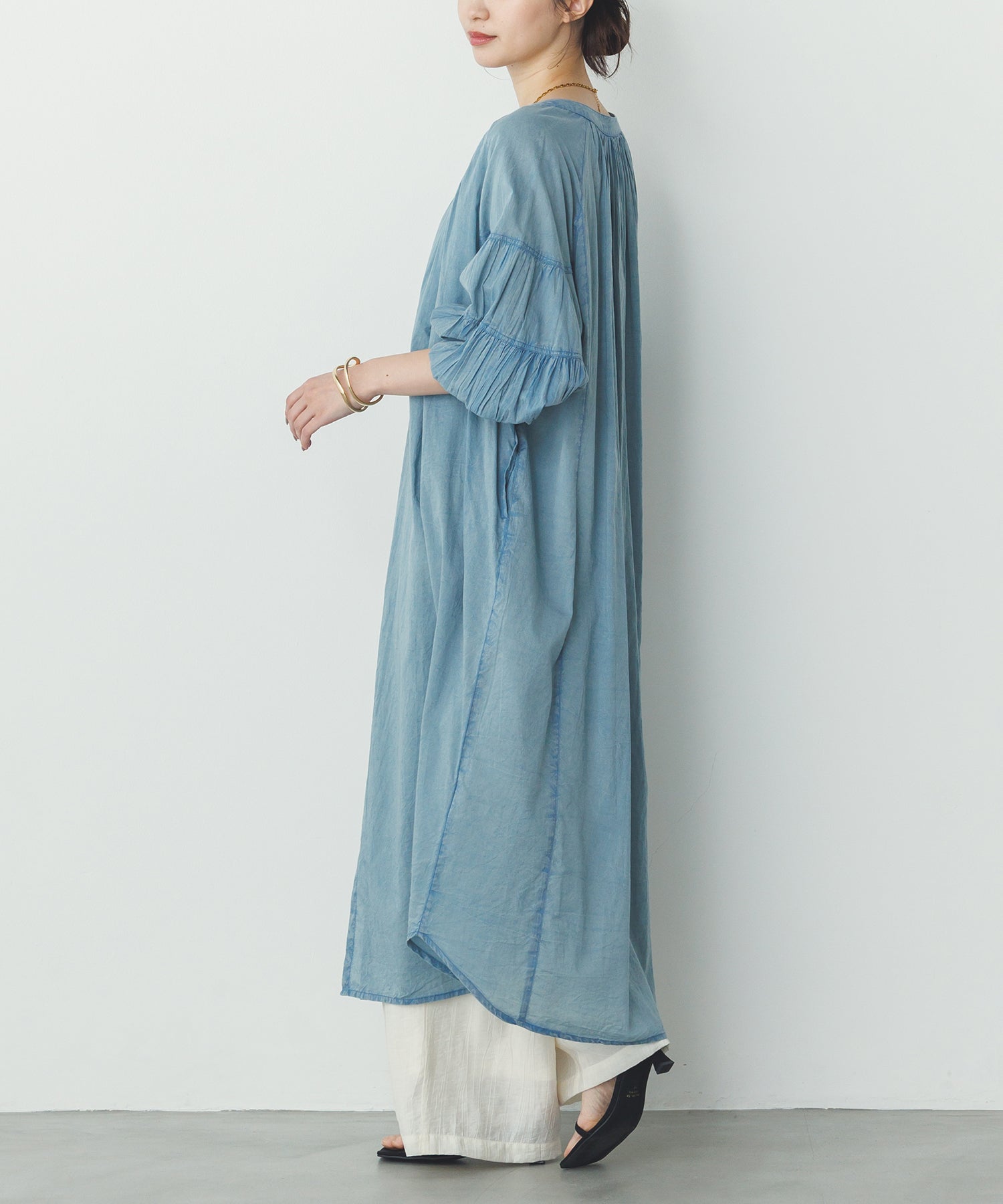 ノイア Noia コットンボイル 七分袖 ボリュームスリーブ シャツワンピース (グレイッシュブルー) グレイッシュブルー