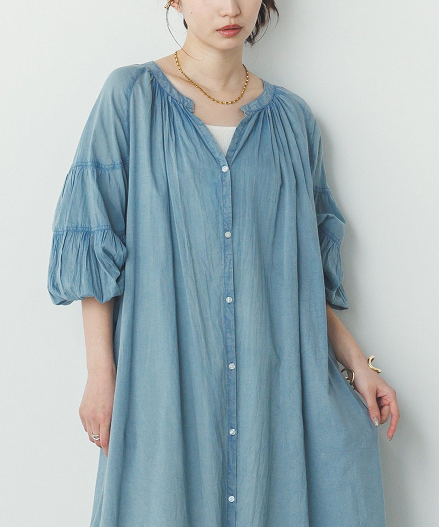 ノイア Noia コットンボイル 七分袖 ボリュームスリーブ シャツワンピース (グレイッシュブルー) グレイッシュブルー