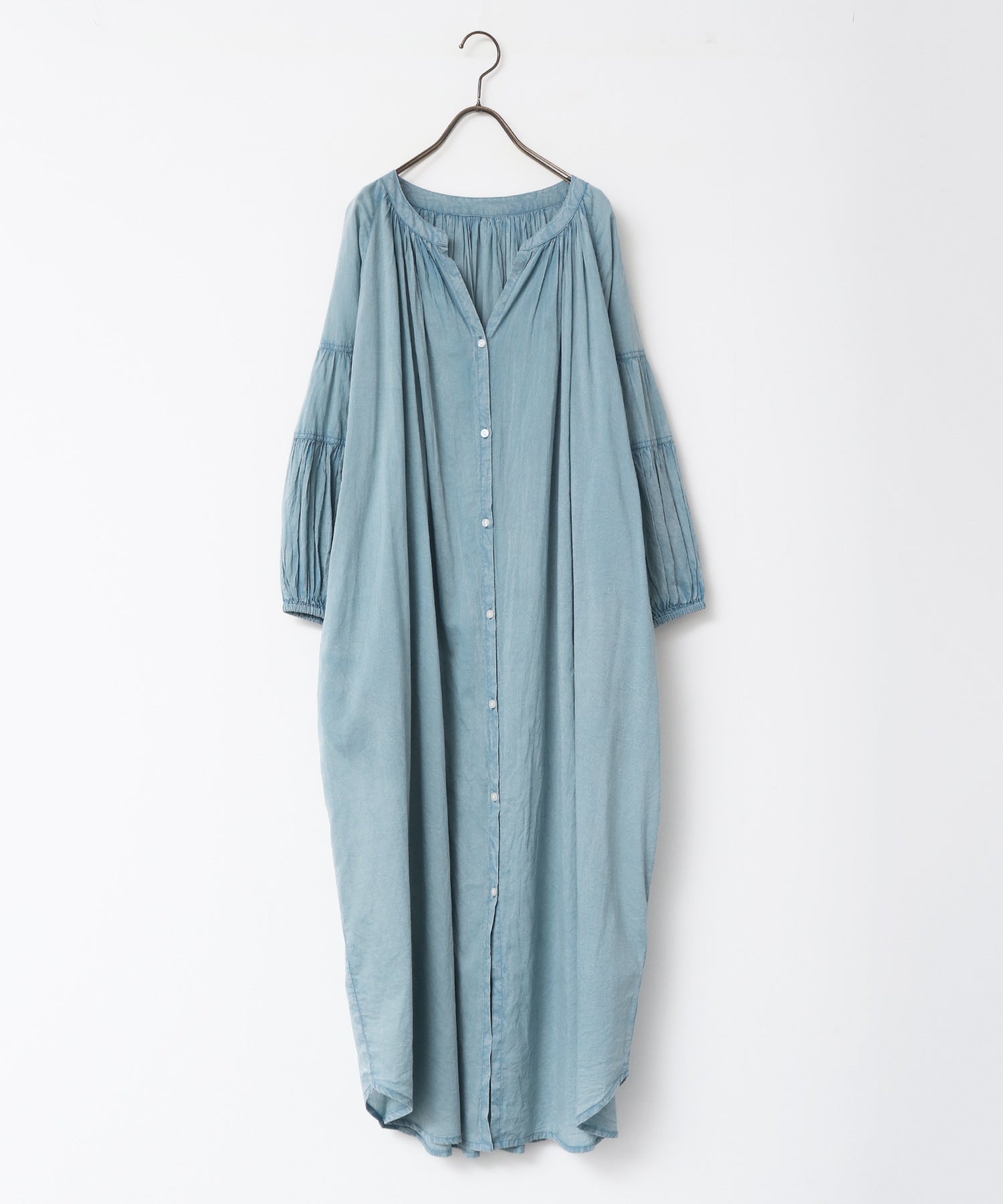 ノイア Noia コットンボイル 七分袖 ボリュームスリーブ シャツワンピース (グレイッシュブルー) グレイッシュブルー