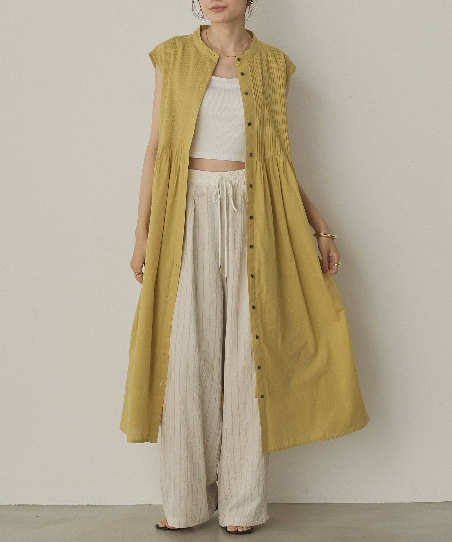 ノイア Noia ピンタック フレンチスリーブ シャツワンピース (ライトカーキ) ライトカーキ