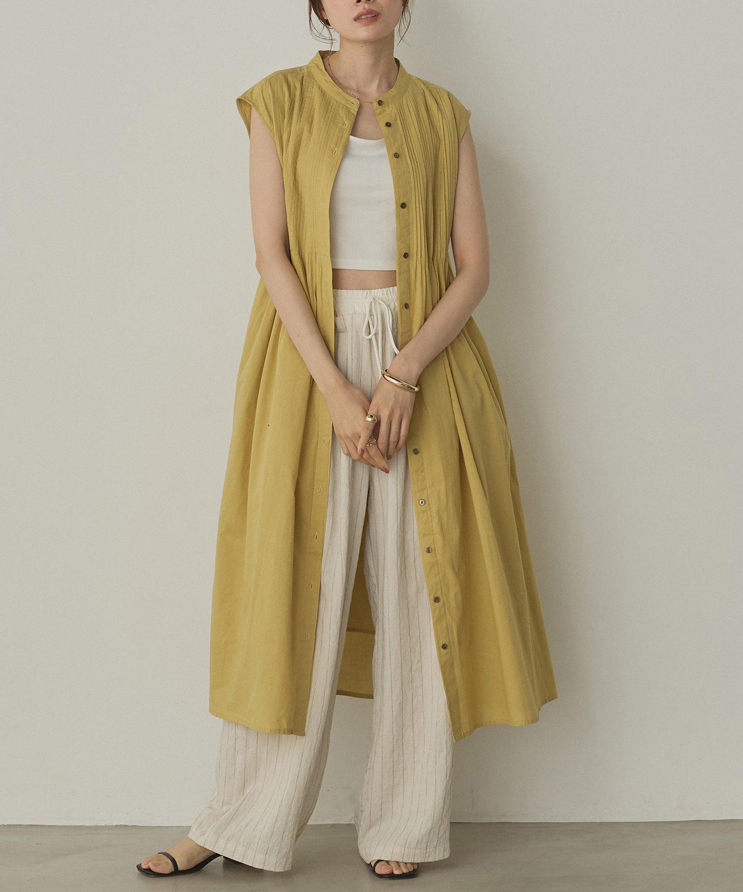 ノイア Noia ピンタック フレンチスリーブ シャツワンピース (ライトカーキ) ライトカーキ