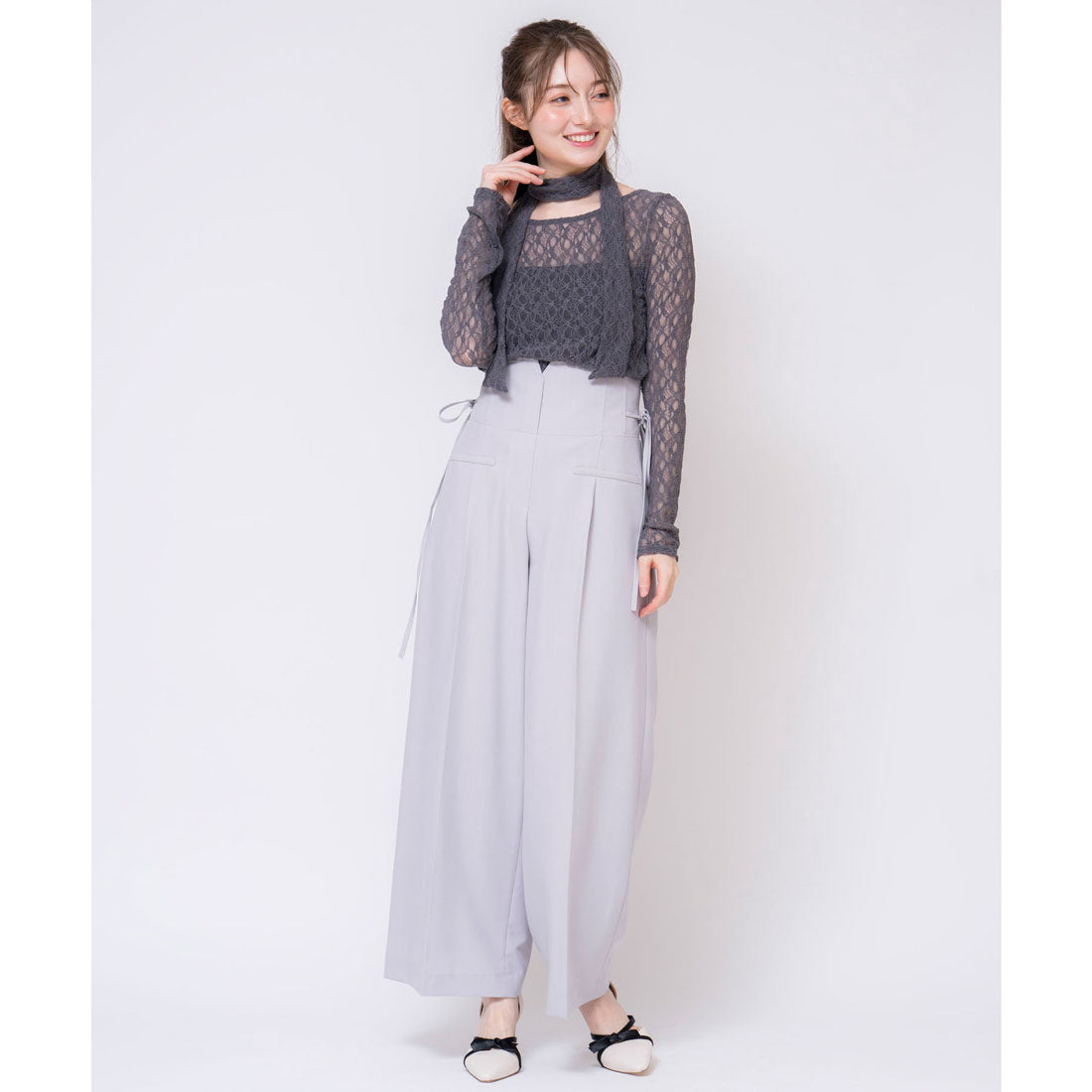 ノエラ NOELA サイドリボンワイドパンツ (グレー) グレー