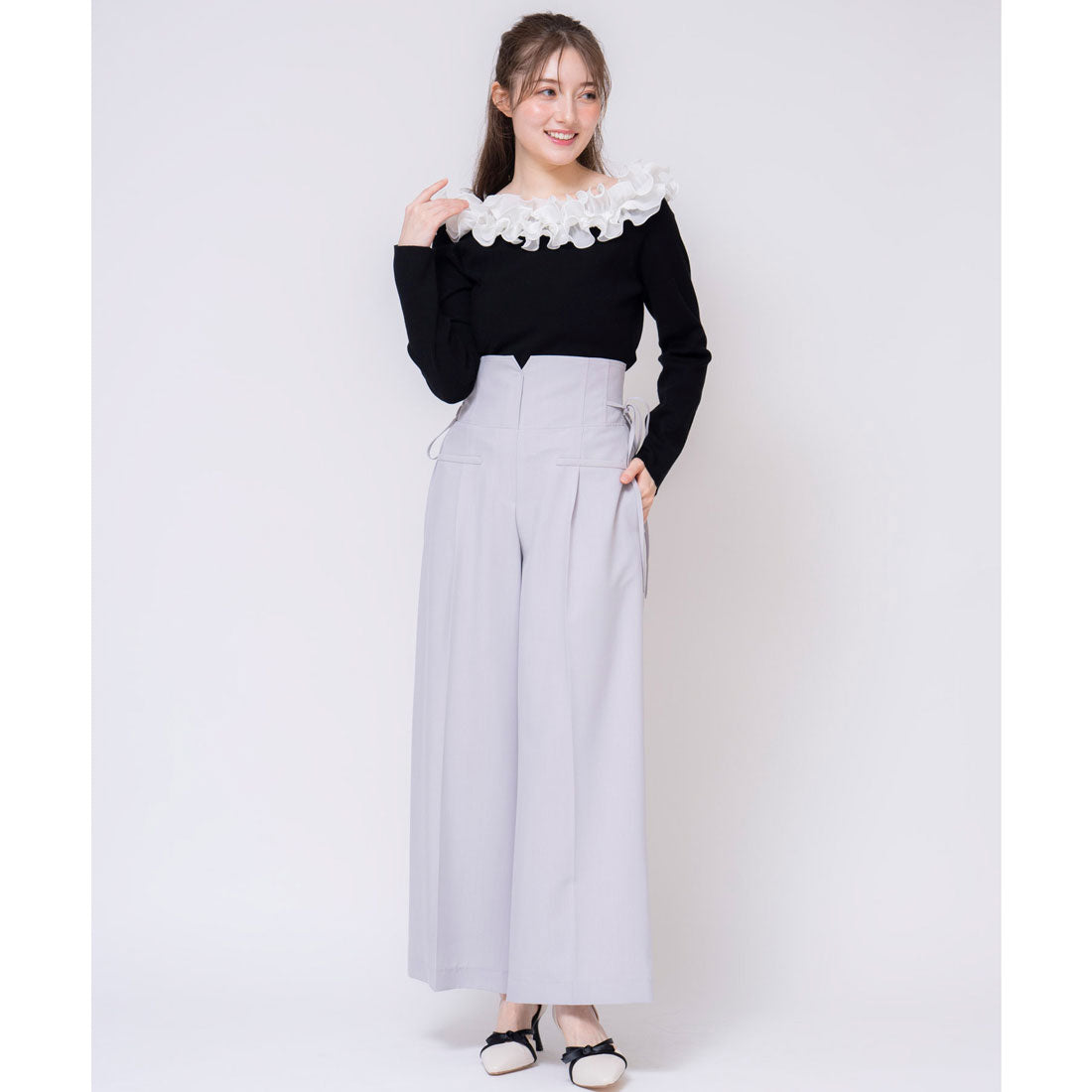 ノエラ NOELA サイドリボンワイドパンツ (グレー) グレー
