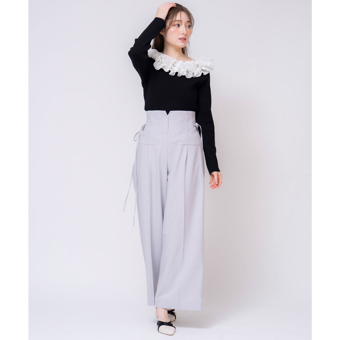 ノエラ NOELA サイドリボンワイドパンツ (グレー) グレー
