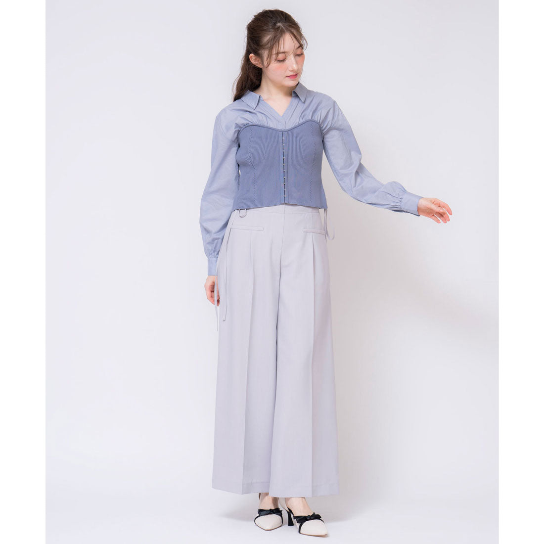 ノエラ NOELA サイドリボンワイドパンツ (グレー) グレー