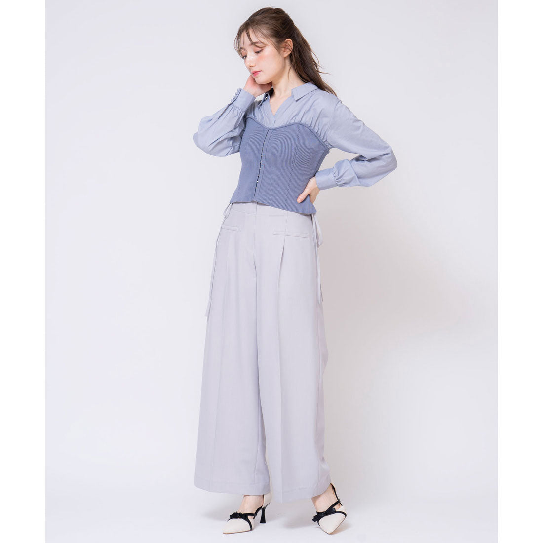 ノエラ NOELA サイドリボンワイドパンツ (グレー) グレー