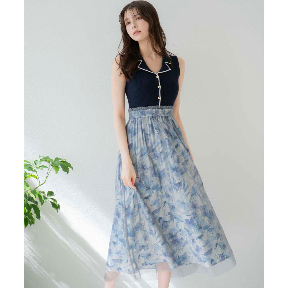 ノエラ NOELA 【15周年】フラワーニットドッキングワンピ (ブルー) ブルー