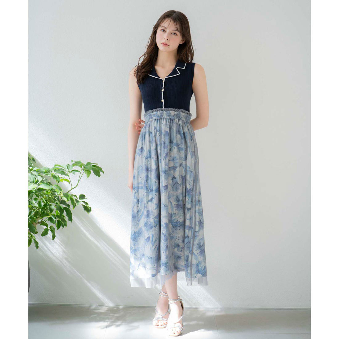 ノエラ NOELA 【15周年】フラワーニットドッキングワンピ (ブルー) ブルー