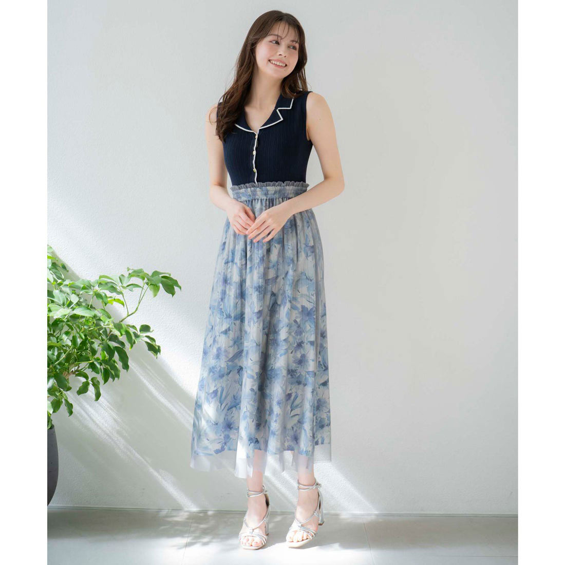 ノエラ NOELA 【15周年】フラワーニットドッキングワンピ (ブルー) ブルー