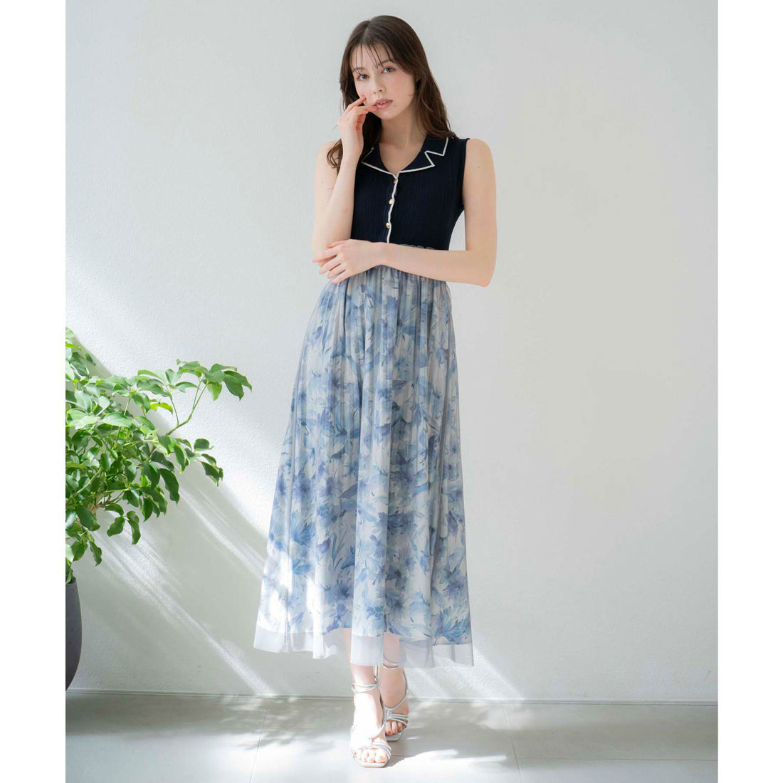 ノエラ NOELA 【15周年】フラワーニットドッキングワンピ (ブルー) ブルー