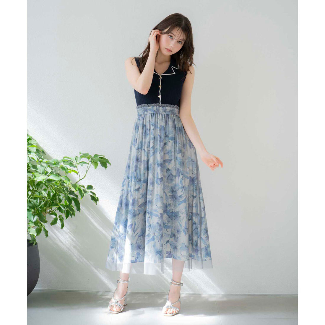 ノエラ NOELA 【15周年】フラワーニットドッキングワンピ (ブルー) ブルー