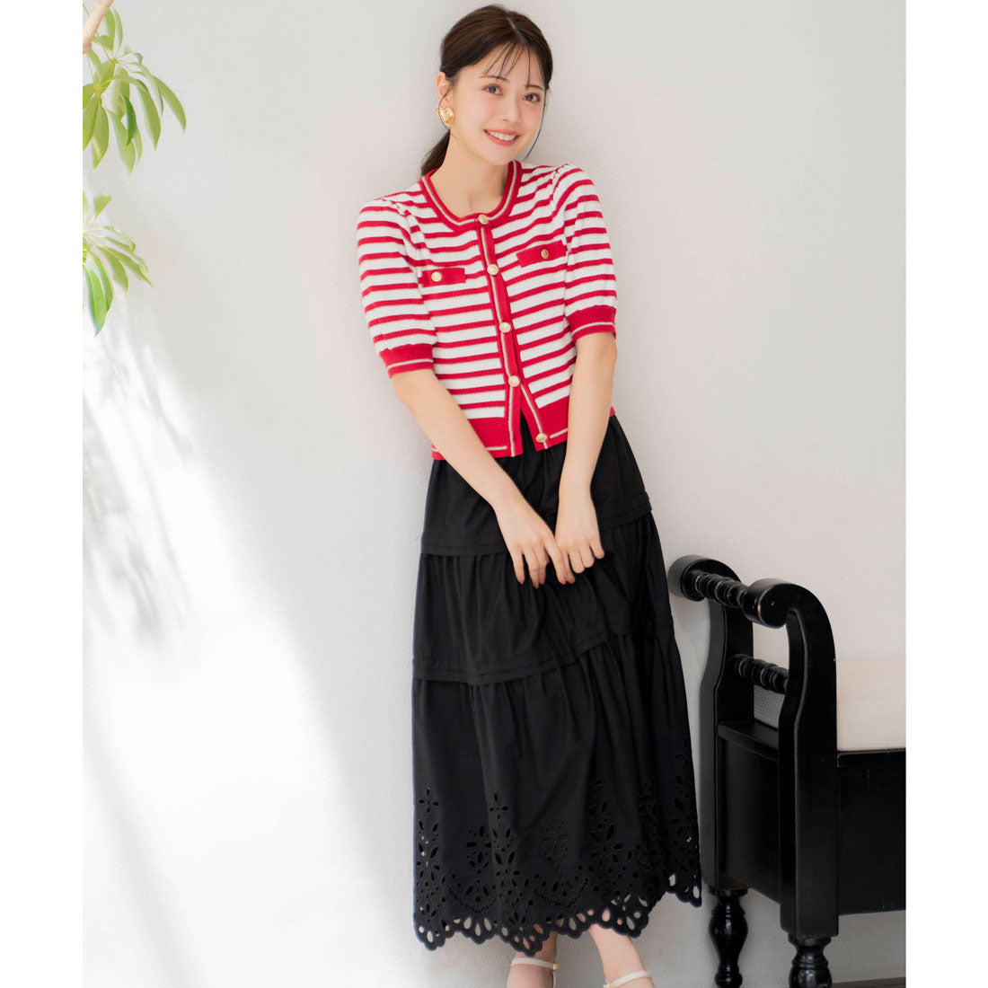 ノエラ NOELA 刺繍マキシスカート (ブラック) ブラック