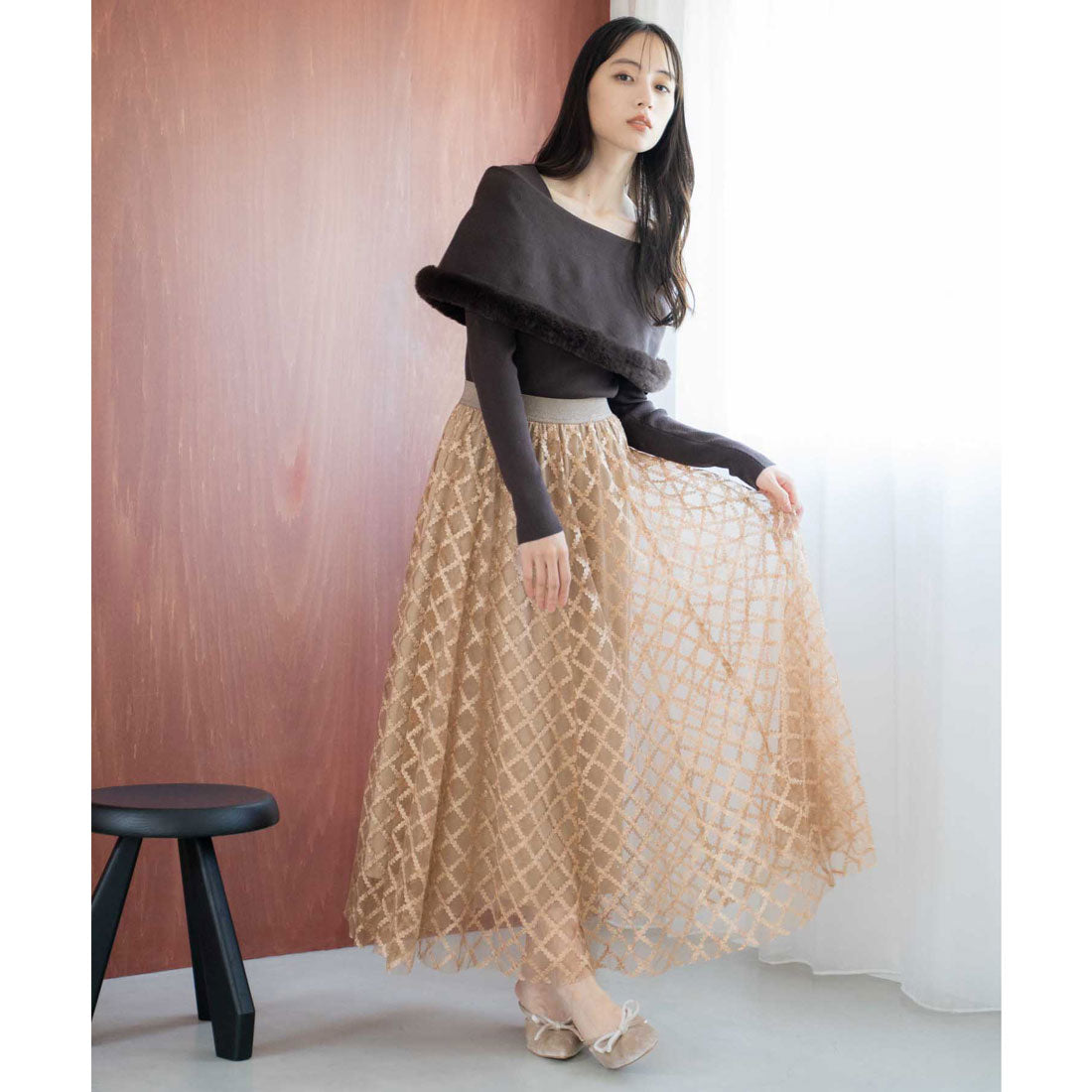 ノエラ NOELA チェックチュールスタッズスカート (キャメル) キャメル