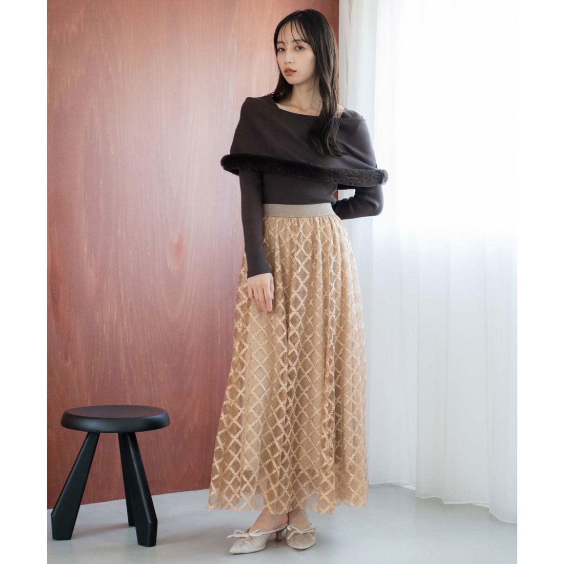 ノエラ NOELA チェックチュールスタッズスカート (キャメル) キャメル