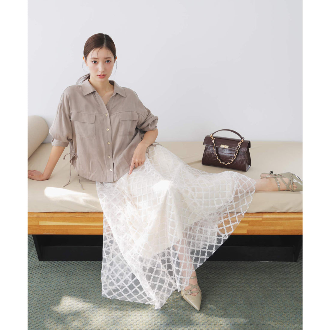 ノエラ NOELA チェックチュールスタッズスカート (オフホワイト) オフホワイト