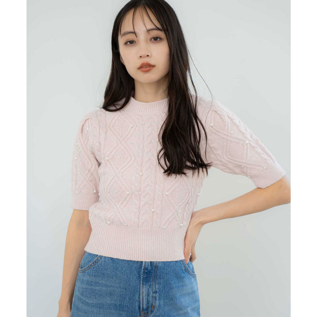 ノエラ NOELA ケーブルパールニット (ピンク) ピンク