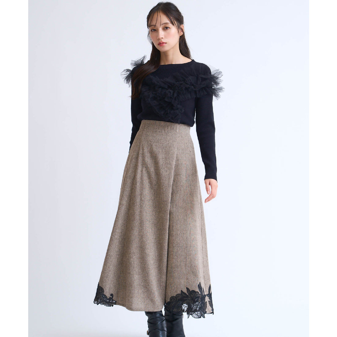 ノエラ NOELA カットワーク刺繍ツイードスカート (チャ) チャ