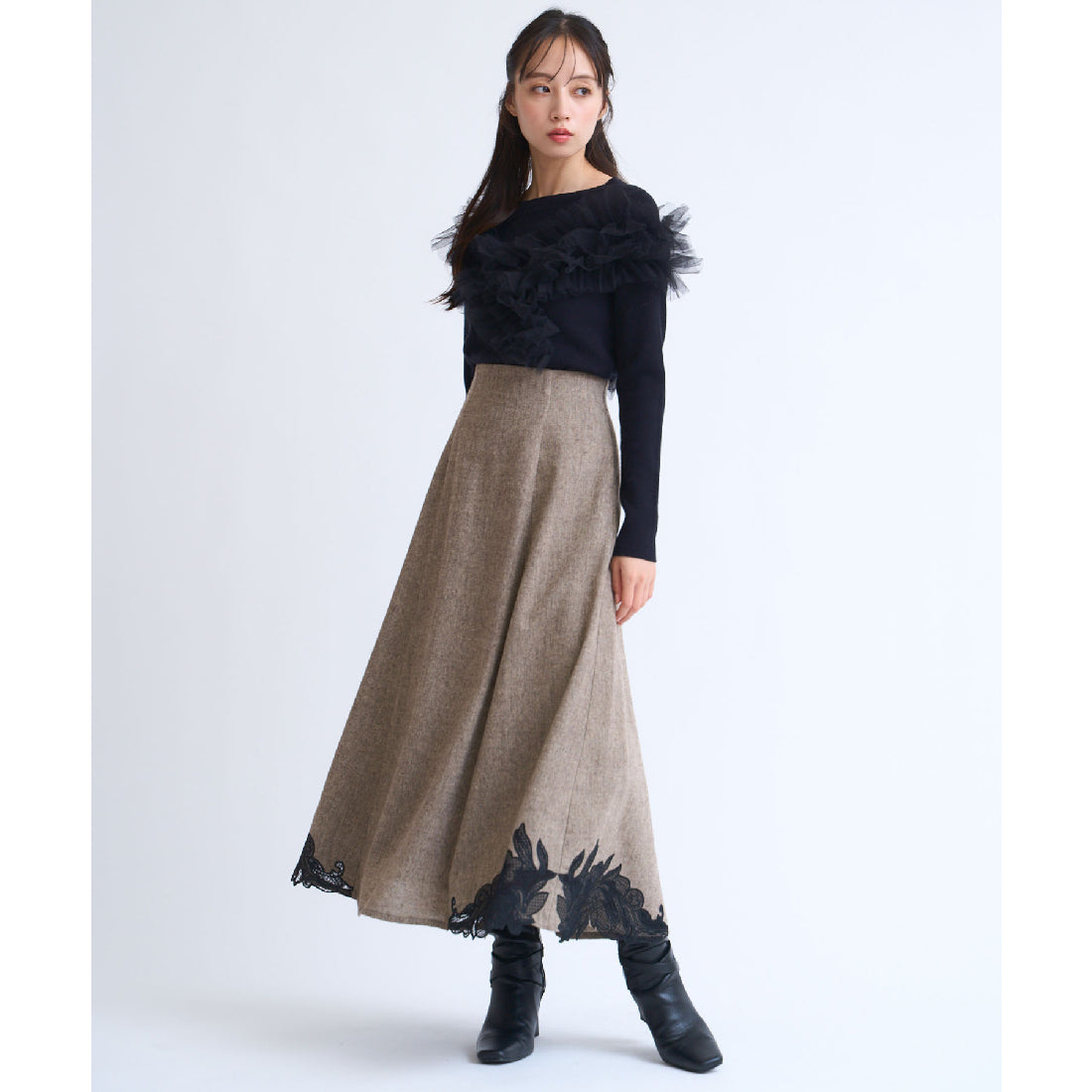 ノエラ NOELA カットワーク刺繍ツイードスカート (チャ) チャ