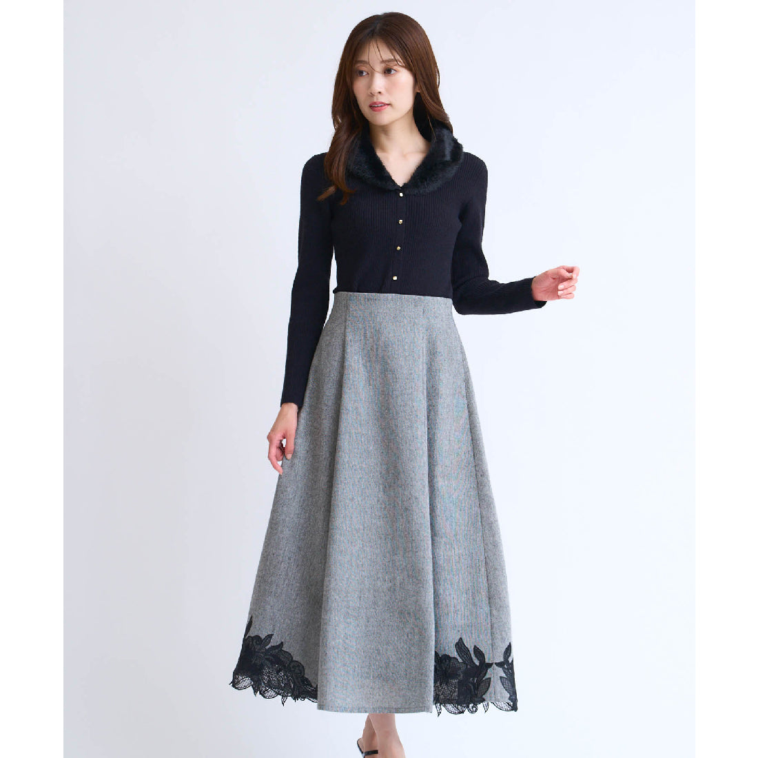 ノエラ NOELA カットワーク刺繍ツイードスカート (ブラック) ブラック