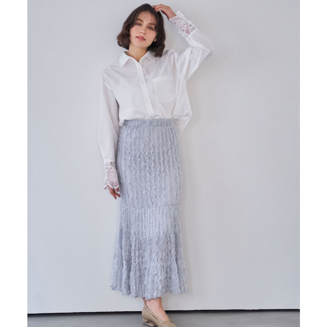 ノエラ NOELA カットレースナロースカート (サックス) サックス