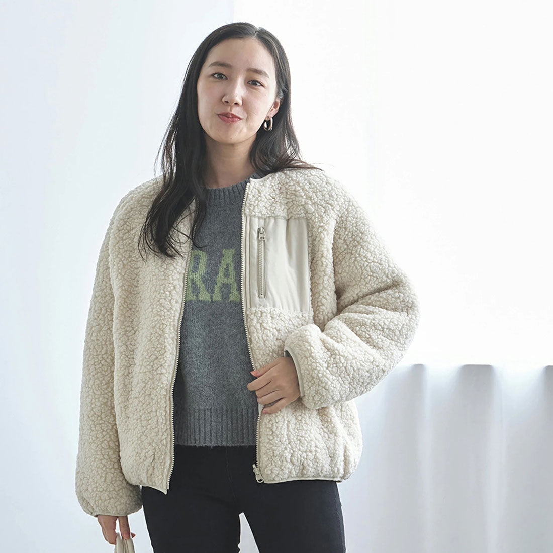 バックヤードファミリー BACKYARD FAMILY リバーシブル ふわふわボアノーカラーブルゾン (アイボリー×ライトグレー) アイボリー×ライトグレー