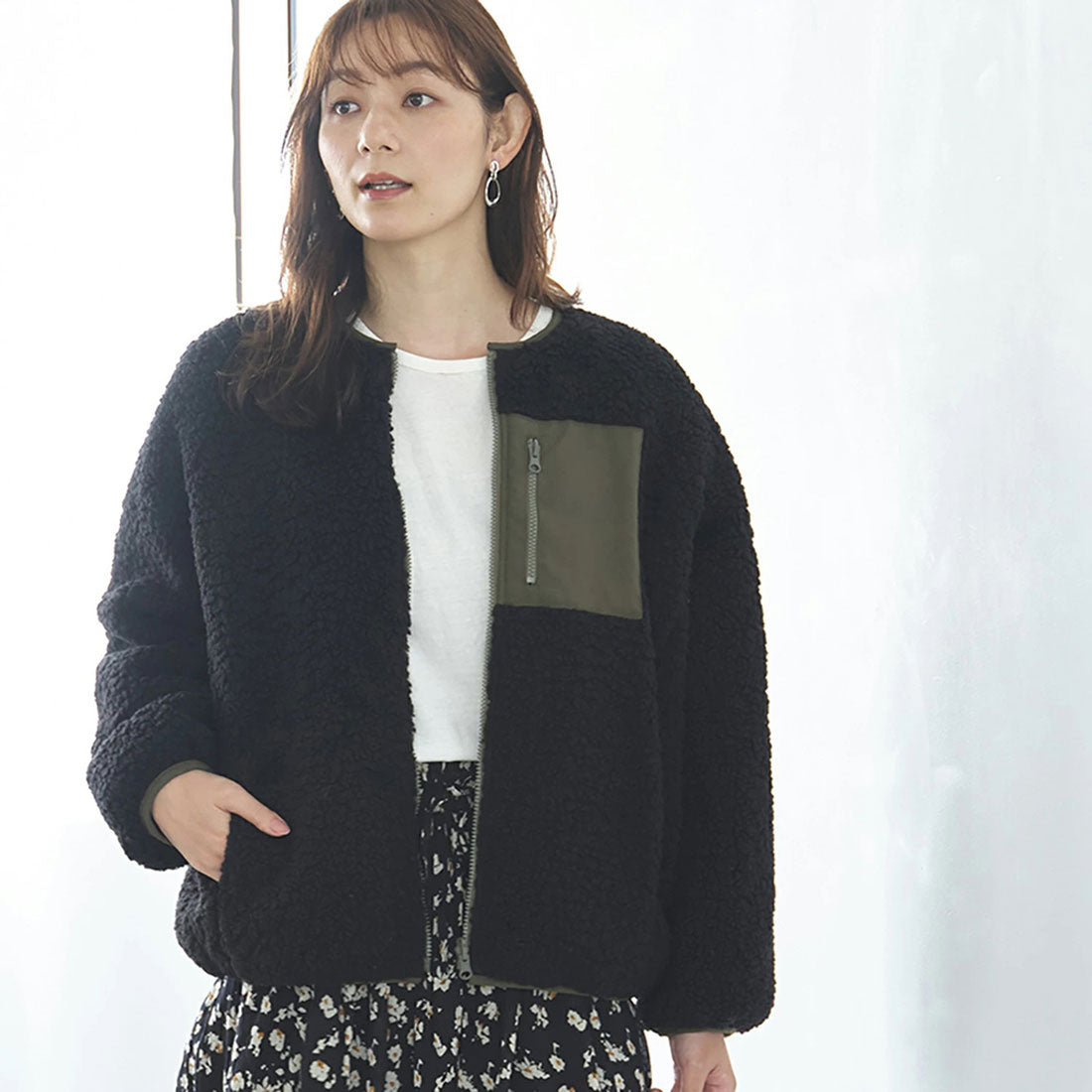 バックヤードファミリー BACKYARD FAMILY リバーシブル ふわふわボアノーカラーブルゾン (ブラック×カーキ) ブラック×カーキ