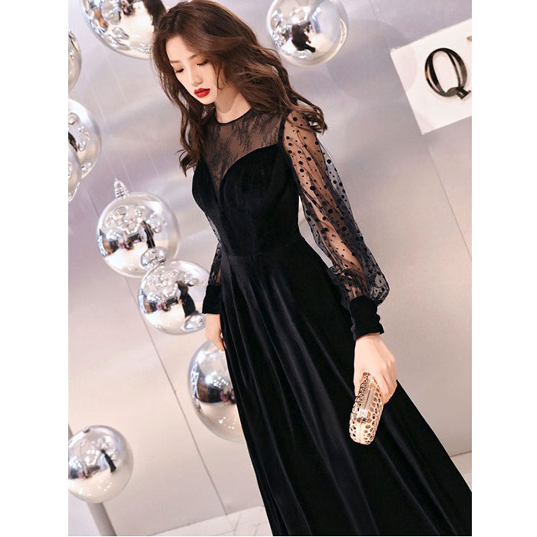 バックヤードファミリー BACKYARD FAMILY パーティドレス シースルー袖 ロング (ブラック) ブラック