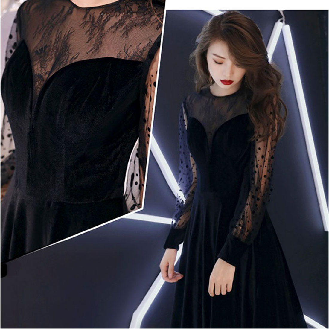 バックヤードファミリー BACKYARD FAMILY パーティドレス シースルー袖 ロング (ブラック) ブラック