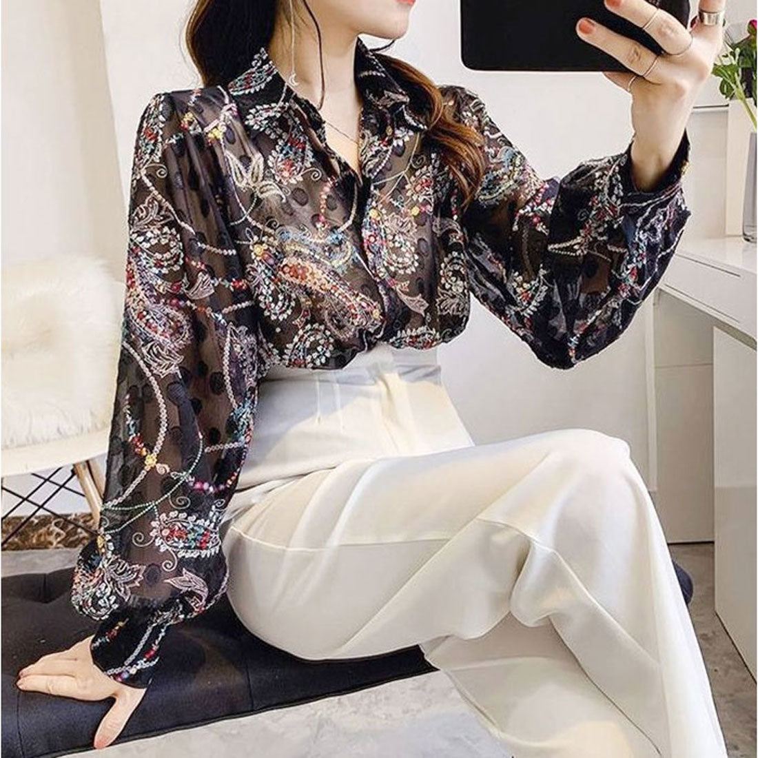 バックヤードファミリー BACKYARD FAMILY シャツブラウス トップス フラワーデザイン (Dカラー) Dカラー