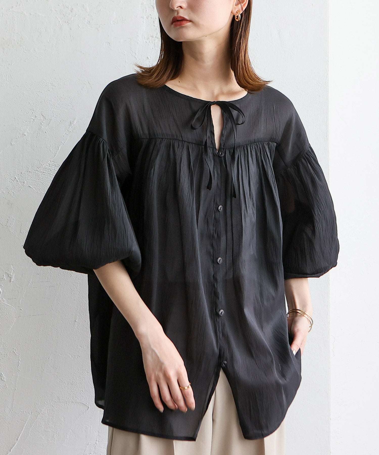 ノールール ノーライン No Rule No Line ボリュームスリーブシアーブラウス (BLACK) BLACK
