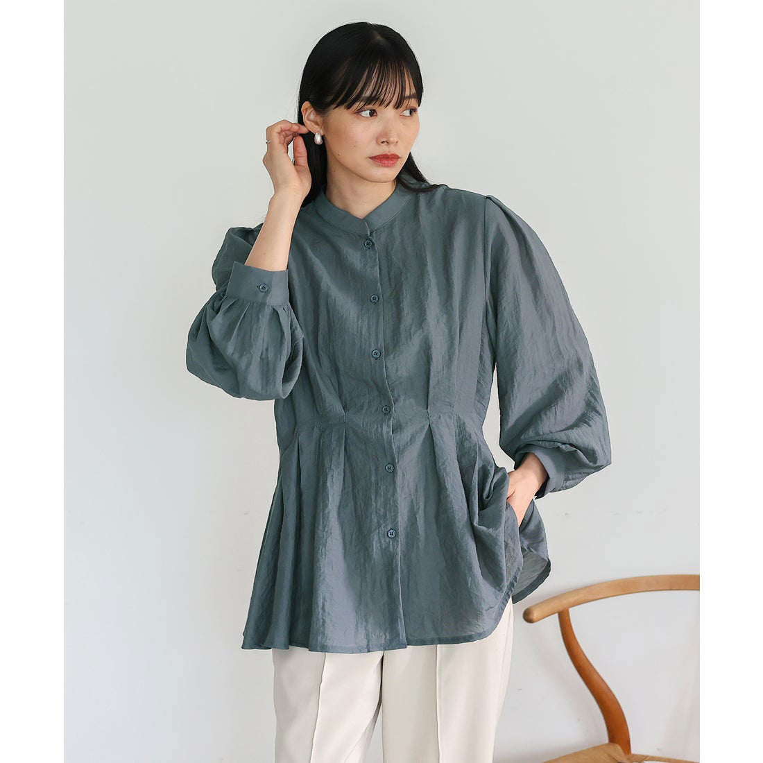 ノールール ノーライン No Rule No Line バンドカラーウエストタックブラウス (BLUEGRAY) BLUEGRAY