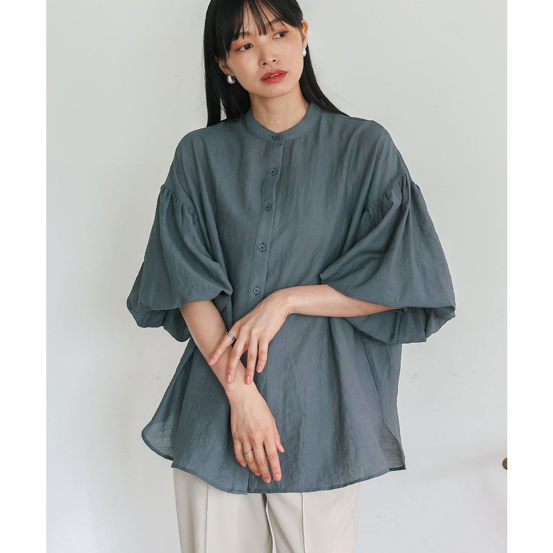 ノールール ノーライン No Rule No Line バンドカラーボリュームスリーブブラウス (BLUEGRAY) BLUEGRAY