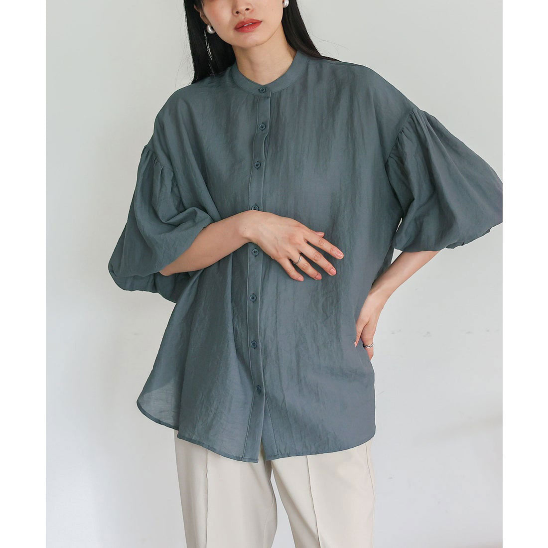 ノールール ノーライン No Rule No Line バンドカラーボリュームスリーブブラウス (BLUEGRAY) BLUEGRAY