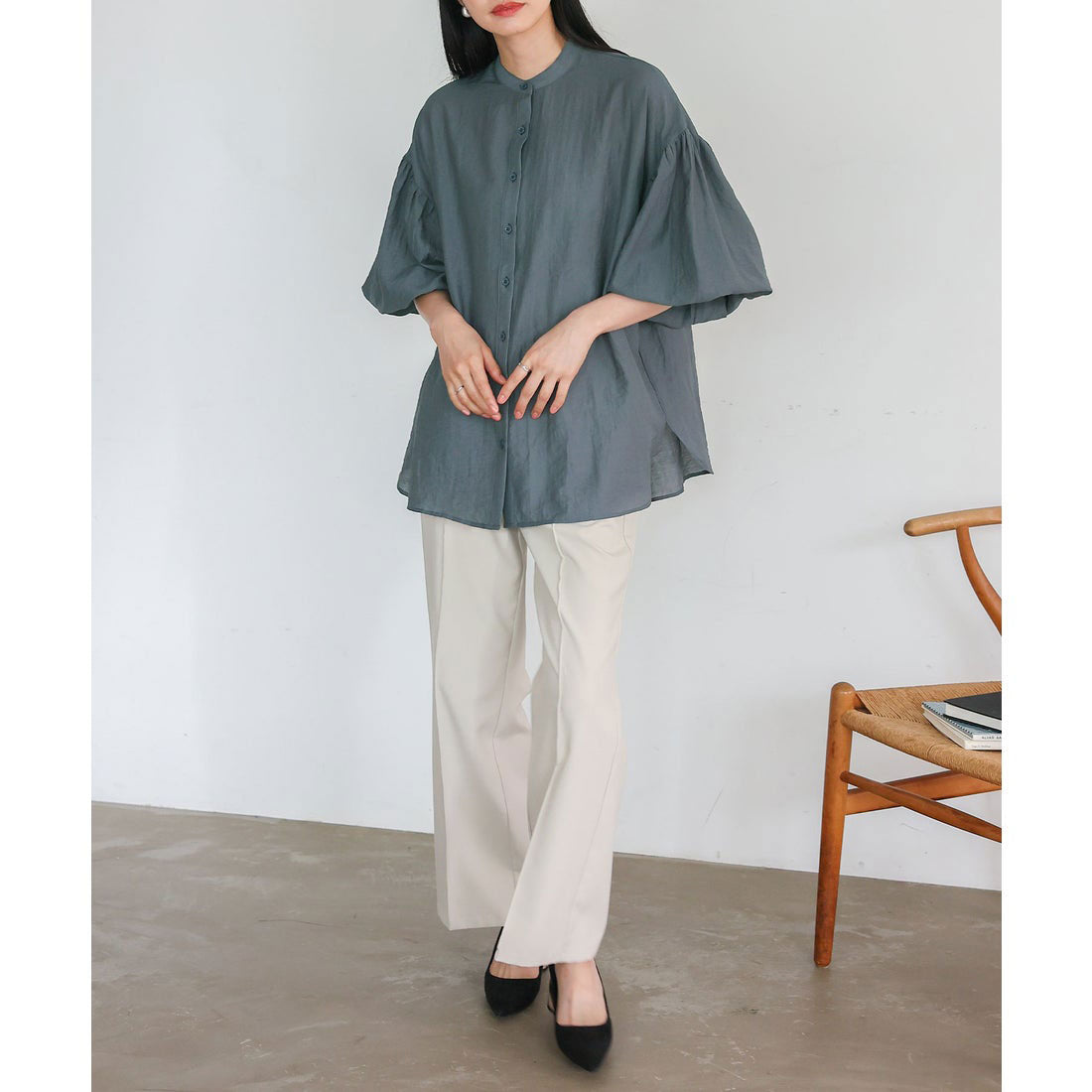 ノールール ノーライン No Rule No Line バンドカラーボリュームスリーブブラウス (BLUEGRAY) BLUEGRAY