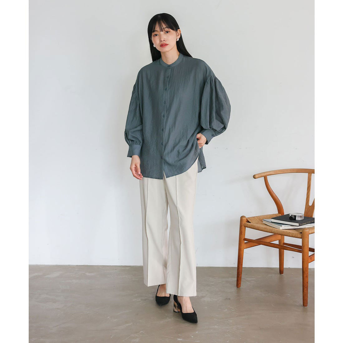 ノールール ノーライン No Rule No Line バンドカラーボリュームスリーブブラウス (BLUEGRAY) BLUEGRAY