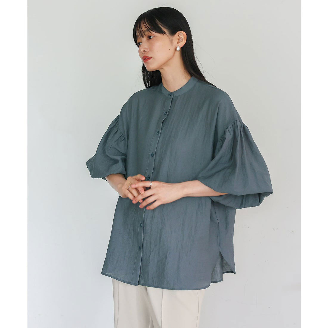 ノールール ノーライン No Rule No Line バンドカラーボリュームスリーブブラウス (BLUEGRAY) BLUEGRAY