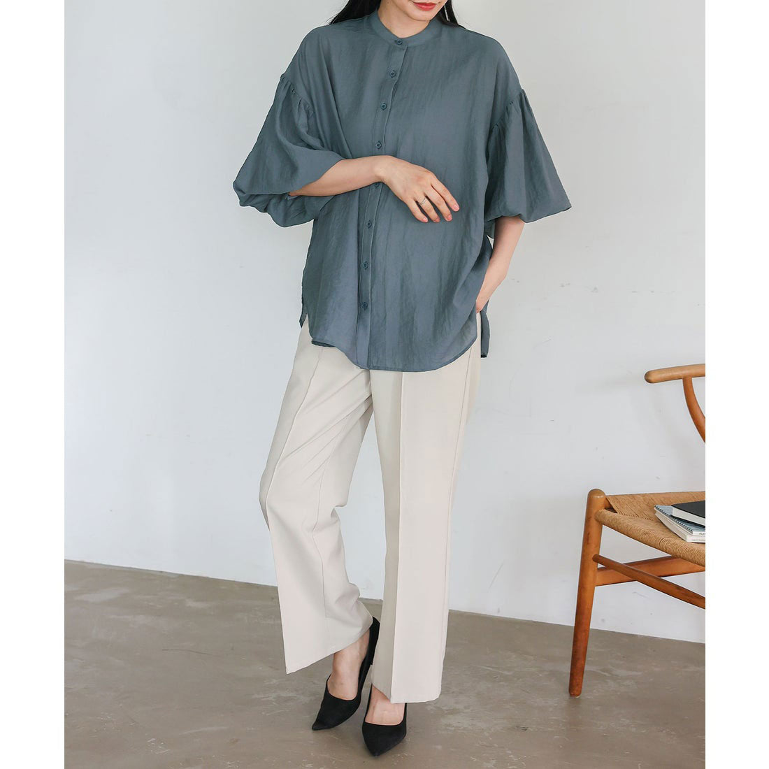 ノールール ノーライン No Rule No Line バンドカラーボリュームスリーブブラウス (BLUEGRAY) BLUEGRAY