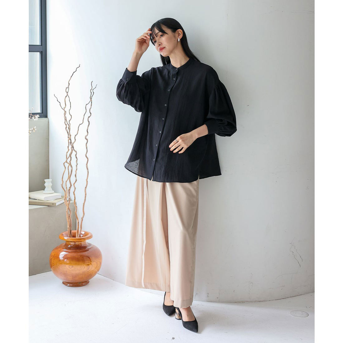 ノールール ノーライン No Rule No Line バンドカラーボリュームスリーブブラウス (BLUEGRAY) BLUEGRAY