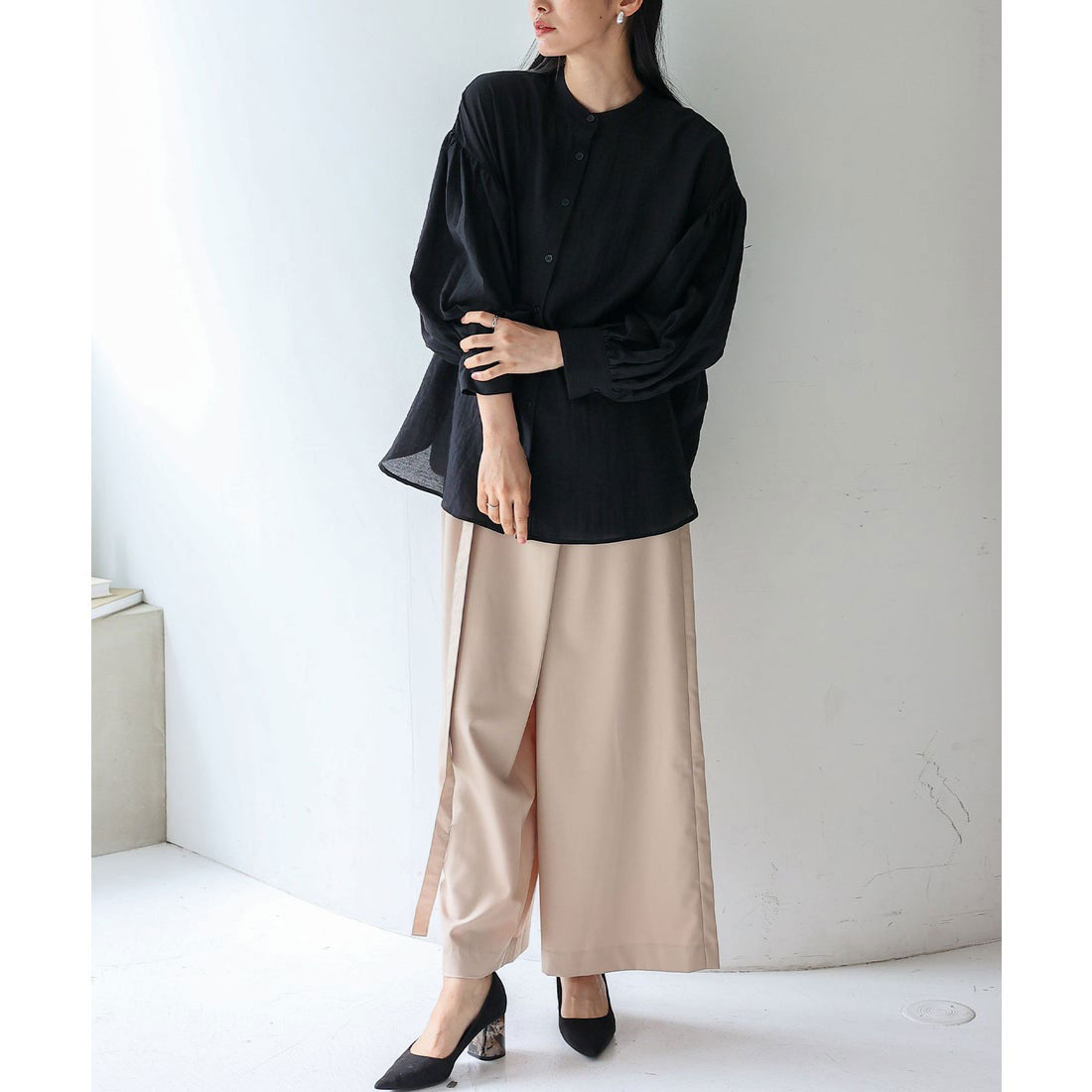 ノールール ノーライン No Rule No Line バンドカラーボリュームスリーブブラウス (BLUEGRAY) BLUEGRAY