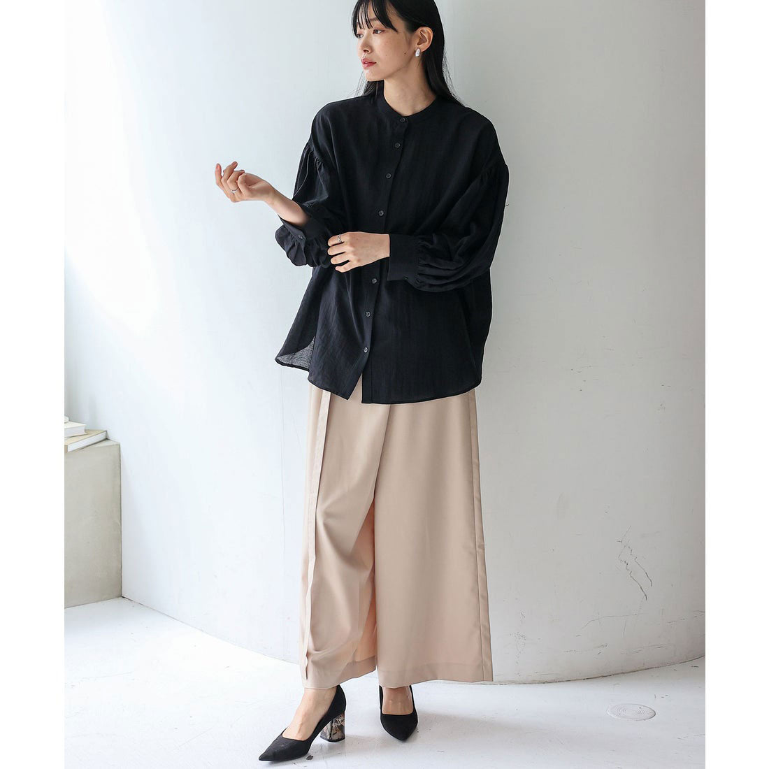 ノールール ノーライン No Rule No Line バンドカラーボリュームスリーブブラウス (BLUEGRAY) BLUEGRAY