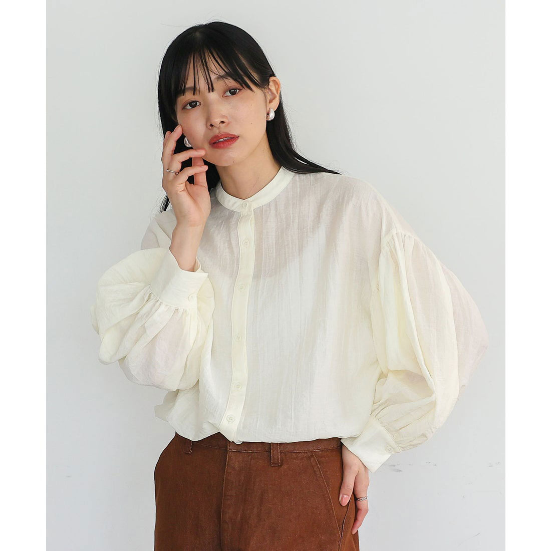 ノールール ノーライン No Rule No Line バンドカラーボリュームスリーブブラウス (BLUEGRAY) BLUEGRAY